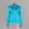 Camisa Brillante de Satén, Camisa con Solapa Estilo Francés, Top Ajustado con Hombros Acolchados, Cárdigan de Manga Larga con Botones de Color Contrastante