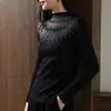 Meia gola alta Outono e Inverno Nova Lã Malha Base Camisa Brilhante Seda Oca Diamante All-match Moda Suéter de Manga Comprida Slim-fit Feminino