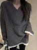 Suéter de Tricô Gola V Comprimento Médio Estilo Coreano Feminino Outono e Inverno 2024 Novo Casual Solto Emagrecedor Macio Aveludado Plush Top