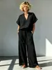 2026 Amazon Verano Transfronterizo Europeo y Americano Nuevo Conjunto de Camisa Casual de Algodón y Lino de Manga Corta con Cuello en V + Pantalones de Pierna Ancha para Mujer