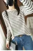 Blusa de tricô de algodão puro para outono e inverno, gola redonda, listrada, barra enrolada, para mulheres, camiseta de manga longa 100% algodão, blusa base de caimento solto