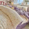 Juego de cuatro piezas de algodón acolchado tipo caricatura Clase A, gasa de doble capa fresca y simple estilo ins, juego de tres piezas de algodón puro para dormir sin ropa, fundas de edredón individuales y dobles 3