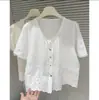 Camisa babydoll blanca de estilo juvenil con bordado calado y cuello redondo para mujer, nueva camisa de verano suelta de manga corta 009