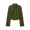 Estilo europeo y americano otoño nuevo mujer manga larga versátil diseño cuello redondo manga larga corto corte ajustado chaqueta de mezclilla