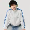 Sudadera abierta estilo americano de calle con tres rayas, cuello alto, unisex, chaqueta con cremallera retro de otoño de corte holgado, moderna para pareja