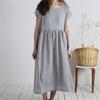 Um Grande Número de Saia Midi Transfronteiriça à Pronta Entrega Gola Redonda Manga Curta Cor Sólida Plissada Solta Casual Vestido de Algodão e Linho para Mulheres