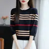 Camiseta Listrada Color Block Retrô Francesa de Malha 100% Algodão Puro Manga Curta Feminina Fina Meia Manga Base Top