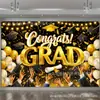 Banner de telón de fondo para fiesta de graduación transfronteriza, telón de fondo negro y dorado "Felicitaciones por la Graduación", fondo de decoración para ceremonia de graduación