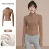 Roupa de yoga forrada com fleece e espessa para mulheres, novo estilo, para corrida, treino esportivo, jaqueta de yoga, top fitness de manga comprida com gola alta e zíper