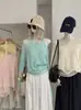 Conjunto de Tricô Fino de Manga Longa com Gola Redonda Estilo Coreano Omalai + Top de Amarrar no Pescoço Conjunto Versátil de Duas Peças para o Verão 7282