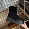 Nueva Colección Primavera/Otoño 2026: Botines de punta redonda, con bloques de color, de gamuza, con cremallera trasera, antideslizantes y resistentes al desgaste, con tacón grueso, para mujer