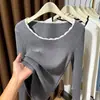Top de Tricô Outonal com Renda em Cor Contrastante Camada Base para Mulheres Nova Roupa Íntima Gola Redonda Baixa Suéter Canelado Pode Ser Usado por Fora