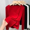 Playera de Algodón de Manga Larga con Cuello en V de Color Sólido para Mujer 2024 Nueva Camiseta Delgada de Otoño para Capa Interior con Diseño Asimétrico Top