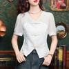 Nueva Camisa de Chifón de Manga Corta con Cuello en V Chinoiserie para Mujer Verano 2024 Nuevo Top de Estilo Nacional Camisa Abotonada Estilo Francés