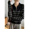 Tiro real chic coreano otoño e invierno francés reductor de edad cremallera media apertura cuello polo manga larga a rayas tejido de punto camiseta base top