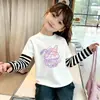 Camiseta 100% Algodão Estilo Fino Primavera e Outono Manga Patchwork Feminina Camada Base Estilo Coreano Bebê Estiloso Fofo Desenho Animado Divertido Manga Longa