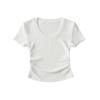 Camiseta de manga corta con cuello redondo y cintura alta para mujer, estilo francés, elástica, ajustada y plisada lateralmente.