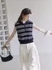 Chaleco de punto a rayas con bloques de color y solapa estilo francés para mujer, top polo sin mangas de verano estilo "old money" francés