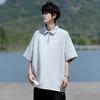 Camiseta Masculina de Verão Estilo Hong Kong Japonesa com Zíper Parcial, Manga Curta, Gola Polo Reversível, Manga Três Quartos, Corte Amplo, Tamanho Grande