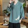 Camiseta Masculina de Verão Linho Estilo Chinês Bordada Manga Curta Cropped Tamanho Grande Solta Gola V Algodão Linho Manga Curta Masculino