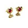 Pendientes Vintage de Alta Gama Chapados en Oro Real Flor Roja Stud Flor Plegable Pendientes de Lazo Pin de Plata C225