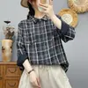 Camisa xadrez de algodão puro, de manga longa, com duas camadas de gaze, modelagem solta, para mulheres, outono, vintage, casual, versátil, modeladora