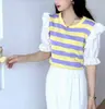 Verano 2025 Nuevo Estilo Raya Fina Tejido de Punto Moda Femenina Manga Corta Delgado Delgado Seda de Hielo Top Moderno