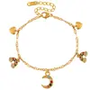 Pulsera de Zirconia Colorida Estilo Ins Europeo y Americano para Mujer Colgante de Luna Corazón Arcoíris Diseño de Nicho Pulsera de Acero de Titanio Oro Real