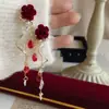 Pendientes de Rosa Gota de Agua Estilo Francés Retro Super Hada Terciopelo Rojo Rosa, Pendientes Largos de Borla de Gama Alta para Mujer