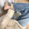 Jeans Rectos de Cintura Alta Azul Claro para Mujer 2024 Otoño e Invierno Nuevos Pantalones Holgados Adelgazantes con Forro de Felpa y Piernas Anchas