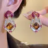 Conjunto de Brincos e Colar com Pingente de Losango Cravejado de Diamantes com Gotejamento de Óleo, Corrente Clavicular Vintage, Joias de Luxo Leve de Alta Qualidade