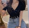 Camiseta feminina estilo Pure Desire com botões, gola U, sexy, manga curta, Spice Girl, decote baixo, justa