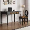 Mesa de Computador Vintage Estilo Francês com Tecido de Seda Xiangyun Preto, Penteadeira e Escrivaninha Integradas, Mesa com Pernas de Madeira Maciça de Freixo Branco Estilo Americano