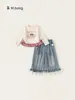 Bangxuan Roupas Infantis Coleção Outono Tops para Meninas com Renda Mangas Longas e Jeans Conjunto de Duas Peças Infantil Calças de Pernas Largas Roupa para Meninas
