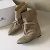 Versión de cuero suave~Nuevas botas cortas de punta fina con cordones y caña ancha de estilo vintage para otoño e invierno para mujer, botas vaqueras de moda con aumento interno de altura y diseño de tacón apilado
