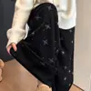 Calça de arroz pegajoso cinza com strass feminina outono e inverno novo estilo espessada com veludo pelúcia estilo casual preguiçoso calça de perna larga calça solta com caimento