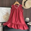 Vestido de Princesa Rojo sin Mangas Plisado de Verano Transfronterizo Estilo Coreano Elegante Patchwork Volante Tendencia en Ropa para Niñas