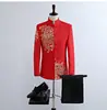 Traje de Performance Estilo Zhongshan com Gola Alta Bordada, Traje Tradicional Chinês para Noivo, Traje Xiuhe, Traje para Brinde do Noivo, Roupa Vermelha para Anfitrião Masculino
