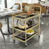 Carrito Móvil Estilo Nórdico, Carrito de Almacenamiento de Alta Gama, Carrito de Bebidas para Hotel, Carrito de Comedor de Hierro Forjado Multicapa Dorado, Carrito Ligero de Lujo Empujado a Mano