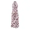 Vestido Longo Estampado Sexy Gola Halter com Amarração em V, Estilo Europeu e Americano, Novo Estilo de Verão, Ajustado na Cintura, Caimento Slim, Estilo Hot Girl