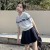 Conjunto de Camisa Polo de Tricô Fino de Manga Curta e Saia Curta para Meninas Mais Velhas, Roupa Infantil, Conjunto de Duas Peças com Saia Curta para Meninas