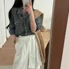Camisa xadrez de manga comprida estilo casual vintage Dongdaemun coreano, elegante, com gola, um bolso, corte solto que afina