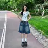 Shorts Jeans Retro de Cintura Alta Plus Size para Mulheres, Novo Estilo de Verão, Corte Solto, Emagrecedor, Shorts de Perna Larga Reta de Comprimento Médio para Mulheres Curvilíneas