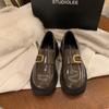 Versión Piel de Vaca ~ Mamá Uva Cuero Genuino Hebilla Oro Noble Punta Redonda Cuadrada Estilo Británico Mocasines de Tacón Grueso Perezoso Zapatos Pequeños de Cuero para Mujer