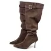 Botas Puntiagudas Plisadas para Mujer con Detalle de Hebilla, Botas Largas de Tacón Alto Ajustadas, Nuevas Botas de Jinete Adelgazantes, Botas Altas Plisadas Versátiles