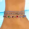 Conjunto de tornozeleiras de corrente com cristal de coração colorido minimalista transfronteiriço europeu e americano, acessório de pé de corrente de metal torcido da moda