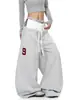 Pantalones de Chándal Retro Americano Doble Cintura Bordado de Letras Dobladillo Curvo Unisex Verano Nuevo Baile de Jazz Sueltos Pierna Ancha