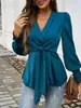 Camisa de Estilo Francés Ligero Maduro Color Azul Lago Ceñida a la Cintura para Mujer, Cuello en V con Corbata, Mangas de Farol, Top Adelgazante, Venta Directa desde Fábrica Transfronteriza