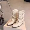 Botas de bico fino até a panturrilha para mulheres, novo estilo outono/inverno 2026, com fivela de cinto, salto grosso, design franzido e um efeito emagrecedor