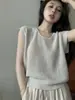 Blusa de Tricô Feminina de Manga Curta Fina em Tencel Linho com Manga Bufante Estilo Francês de Verão, Gola Redonda Solta Emagrecedora, Camiseta de Seda Gelada